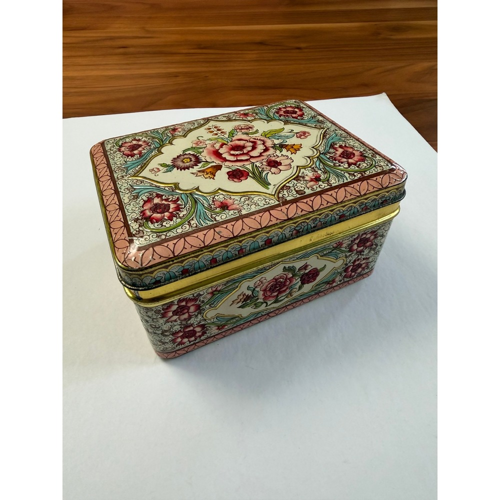 VTG Floral Metal Hinged Container Tin Box Holland Pink Gold Embossed 5"x4"x2.5"